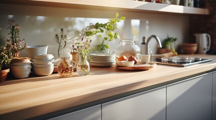 Fototapeta na wymiar Kitchen furniture with dishwasher, fragment, light wood and white, light colors.