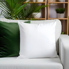 Black square white polyester Throw pillow mockup in forest green minimalistic living room on sofa, books, lamps and potted plants, shelf, nordic