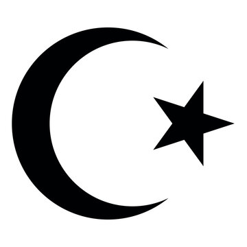 Islamic star and crescent moon, black and white vector illustration symbol of Islam, isolated on white