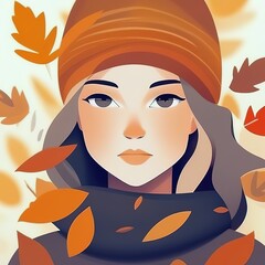 girl autumn and leaves illustration in flat style. autumn colors