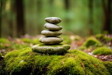 Pyramid stones balance on old mossy fallen tree.