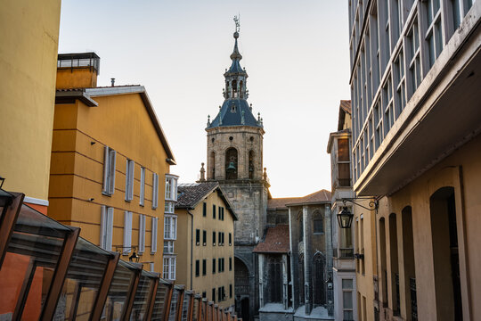 Alley with picturesque buildings in the historic center of the city of Vitoria, Basque Country, Spain.