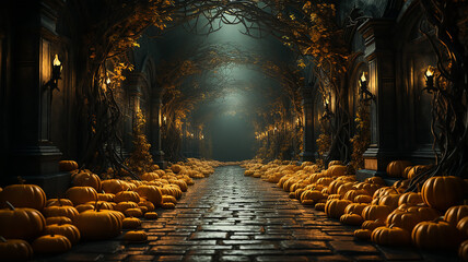 corridor passage arch tunnel halloween background theme banner entrance to the party invitation - obrazy, fototapety, plakaty
