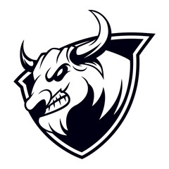 bull logo design vector, bull shield illustration, long horned icon, buffalo icon vector black and white design template