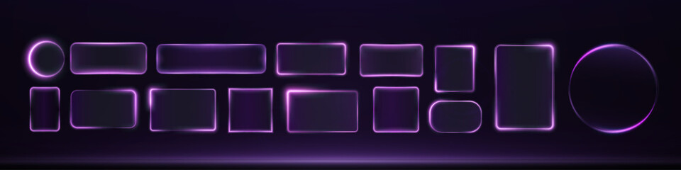 Collection of futuristic pink frames. Technology background. Set of glowing neon pink glass rectangular, square and round frames on a dark background. Neon light screens. Vector png.	
