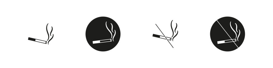 Cigarette vector icon set. No smoking area warning sign. Smoke cigarettes icons.