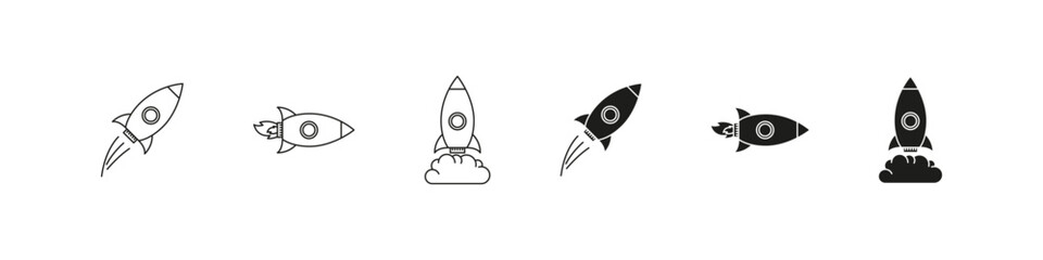 Rocket launch and fly vector icon set. Rockets flying icons. Spaceship launched symbol collection.