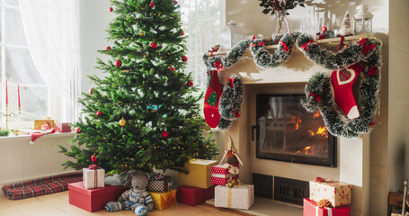 Peaceful Snowy Christmas Morning: Empty Shot of Decorated Corner in Modern House with Christmas Tree, Fireplace and Gifts. Home of a Family Celebrating Holidays