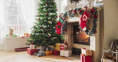 Empty Shot Depicting the Magic of Holidays on a Peaceful Snowy Christmas Morning: Decorated Corner in Modern House with Christmas Tree, Fireplace and Gifts. Home of a Family Celebrating with Joy