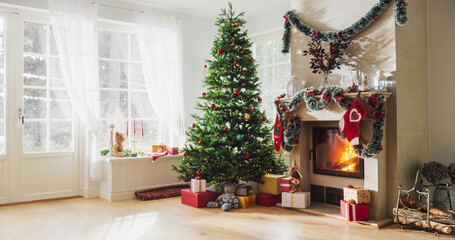 Peaceful Snowy Christmas Morning: Decorated Corner in Modern House with Christmas Tree, Fireplace...