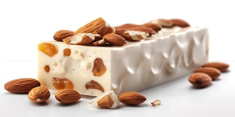 Sweet and delicious peanut nougat pieces on white background. generative AI