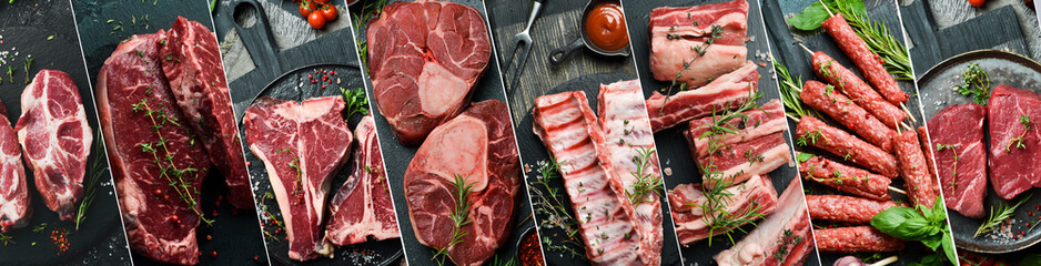 Collage of different assortment of veal meat, pork, steaks, kebabs and sausages. Banner with photos...