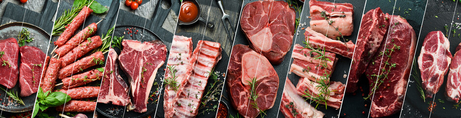 Collage of different assortment of veal meat, pork, steaks, kebabs and sausages. Banner with photos...