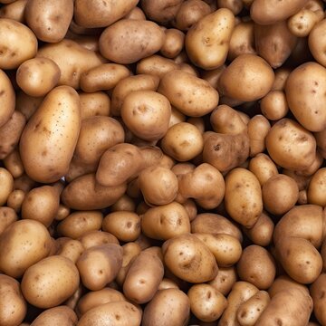 Seamless background of scattered tubers of ripe potatoes. Generated by AI.
