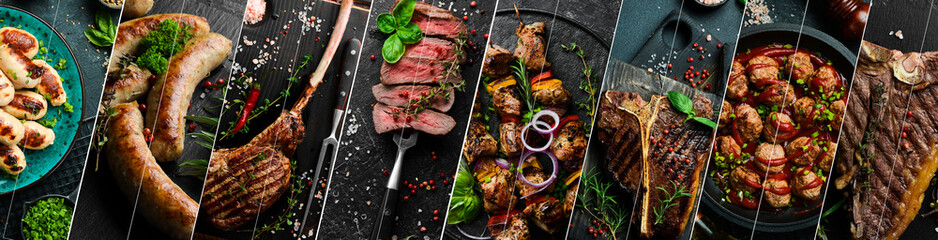 Collage of different assortment of barbecue, fried steaks, kebabs and sausages, grill menu. Banner with photos of meat. - obrazy, fototapety, plakaty