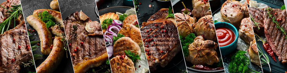 Collage of different assortment of barbecue, fried steaks, kebabs and sausages, grill menu. Banner...