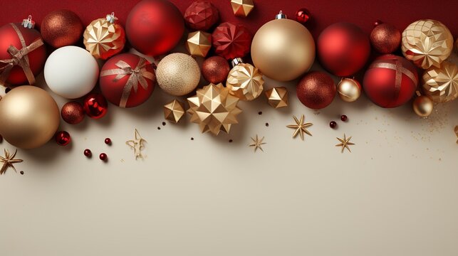 Weihnachtsbanner mit Leerraum f&uuml;r Text, mit Weihnachtsschmuck und Geschenken drumherum