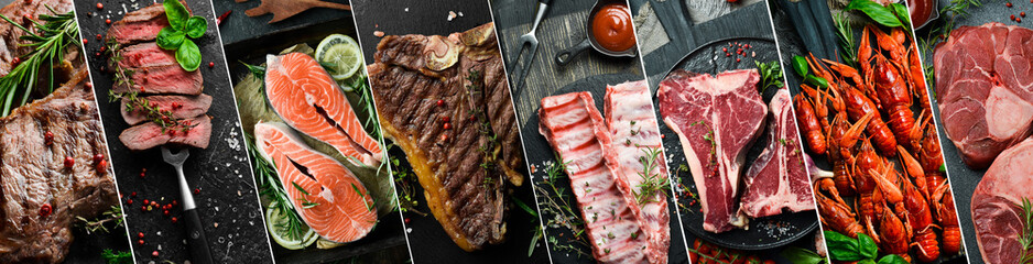 Collage of different assortment of meat and seafood: veal steaks, lobsters, pork, fish and oysters. A set of protein-rich foods. - obrazy, fototapety, plakaty