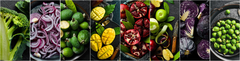 Collage of different assortment of organic food, fresh vegetables and fruits. Colored organic...