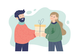 Christmas presents concept. Woman giving a present to a man. Vector illustration in simple style