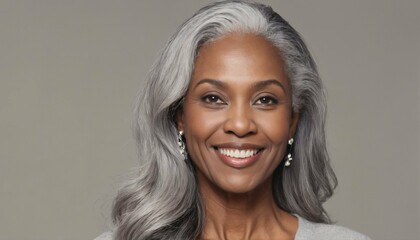 Fototapeta premium Smooth healthy skin and long gray hair on a beautiful black mature woman smiling happily in beauty and cosmetics skincare advertising concept