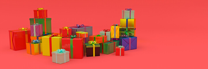 Large selection of colourful wrapped Christmas gifts on a red background 3d render