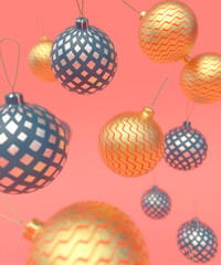 Selection of gold and blue decorative Christmas baubles falling across a red background 3d render
