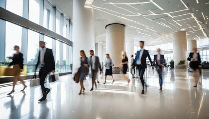 Long exposure shot of fast moving business people in bright office lobby with blurry trail
