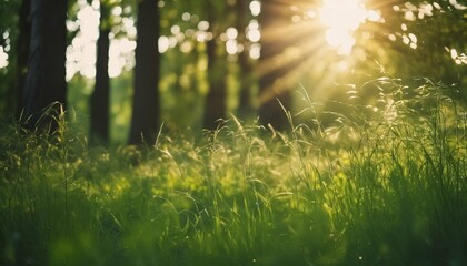 Fototapeta na wymiar Perfect natural landscape background with defocused green trees, wild grass, and sun beams in summer beautiful spring fores