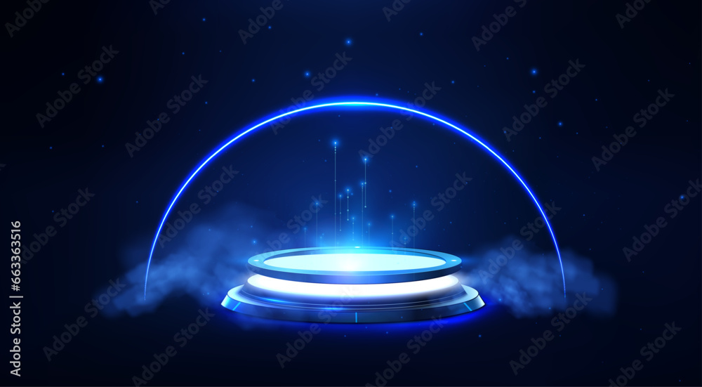 Poster futuristic glowing circular platform with rising light beams in a deep blue cosmic atmosphere. empty