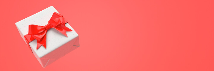 Shiny red bow on a white gift wrapped present on a red background 3d render