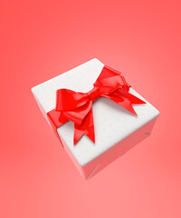 Shiny red bow on a white gift wrapped present on a red background 3d render
