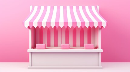 Kiosk with striped awning and pink cakes. Shopping store concept - obrazy, fototapety, plakaty
