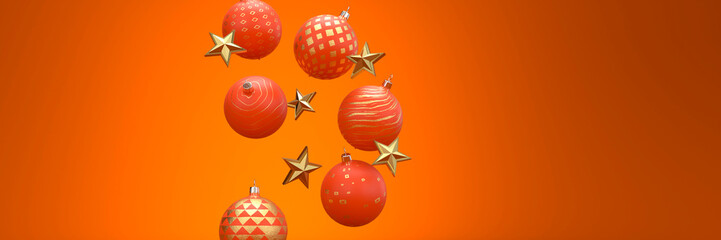 Orange baubles and Christmas stars floating on a vibrant orange background 3d render