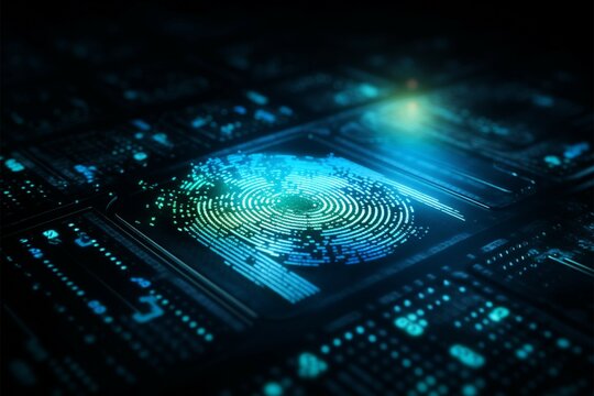 Fingerprint scan and binary code on a deep blue background