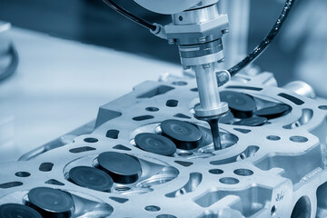 The high technology engine parts assembly process by automatic robot system.