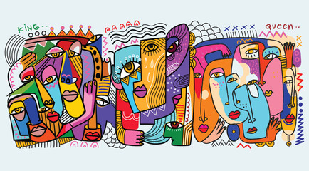 Colorful abstract faces portrait line art decorative hand drawn vector illustration wall art, cover, poster, cards, prints design.