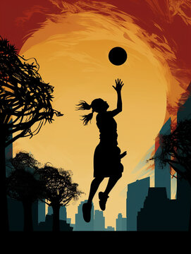Silhouette image of a female basketball player jumping to score the ball.