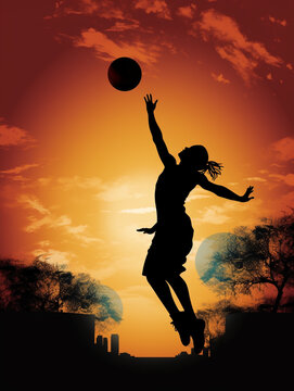 Silhouette image of a female basketball player jumping to score the ball.