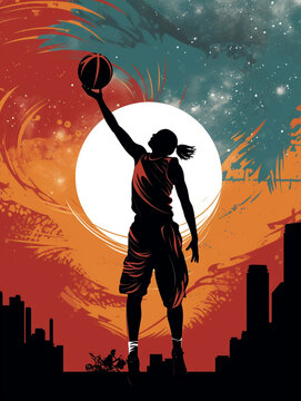 Silhouette image of a female basketball player jumping to score the ball.