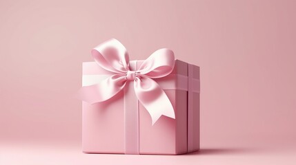 Pink gift box with pink bow on pink background