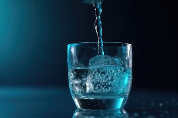 A stream of clear transparent cold water is poured into a glass with blurred blue background