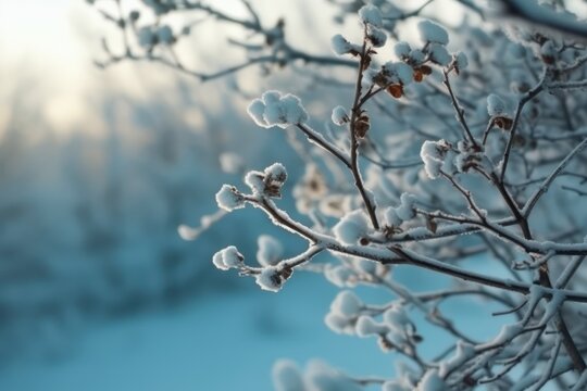 Beautiful image of snowy winter branches of bush or trees wallpaper background 