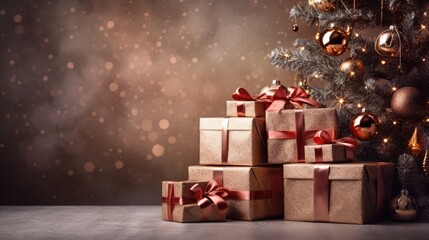 Christmas gift boxes in front of a christmas tree, in the style of dazzling chiaroscuro, light red and bronze