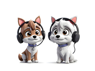 3d dog with headphones listening to music