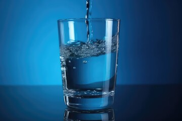 A stream of clear transparent cold water is poured into a glass with blurred blue background