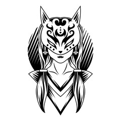 Geisha Japan Girl Kitsune Wolf Mask Black And White Fox Logo vector illustration Template