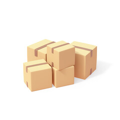 Minimal stylized simple beige cardboard boxes with brown tape. Stacked pile of boxes of sealed goods personal stuff home supplies ready for relocation. Moving day. 3d render isolated transparent.