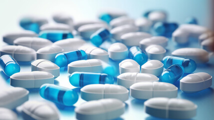 Selective focus on blue and white pill capsules spread on white background with shadow. Generative AI - obrazy, fototapety, plakaty