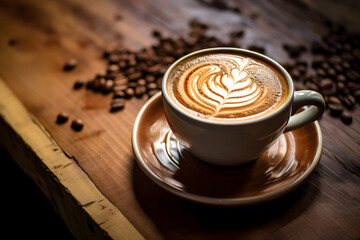 Beautiful design in a latte on a wooden table - obrazy, fototapety, plakaty